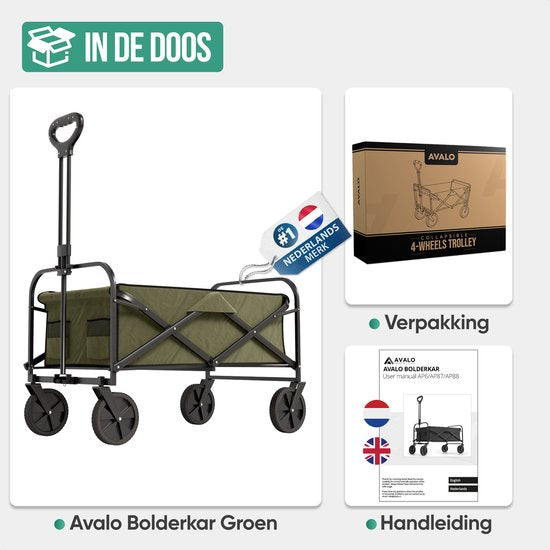 Avalo Bolderkar faltbar - Bis zu 90KG Ladekapazität - 80L - 80x47x49 CM - 360º Räder - Bolderwagen / Bolderwagen / Strandwagen / Trekkingwagen / Faltbarer Bolderkar - Für Strand - Grün