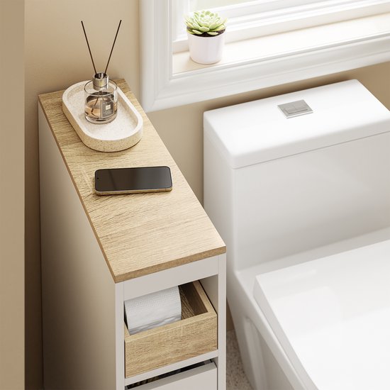 SoBuy Toilettenschrank 20 cm, Badezimmerschrank mit 3 Schubladen, kleiner Toilettenpapierschrank, mobiles Regal für Bad, WC und Küche, weiß, 60 x 20 x 82,3 cm