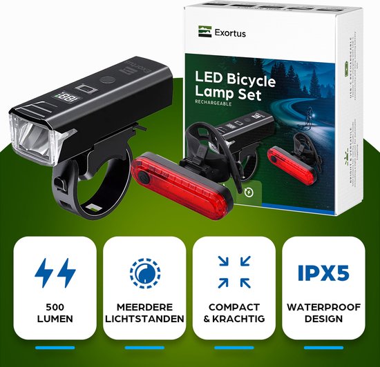 Exortus® Wiederaufladbares LED-Fahrradbeleuchtungsset – Fahrradlicht-Set in Weiß und Rot – Fahrradlampe, geeignet für jedes (Renn-)Fahrrad – Akkustandsanzeige – Sturzfest & wasserdicht – Mit Lichtsensor-Modus – Auch als Taschenlampe verwendbar