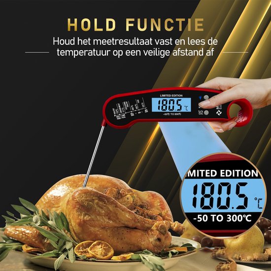 MostEssential Premium Fleischthermometer - BBQ Thermometer - Kernthermometer - Zuckerthermometer - Küchenthermometer - Digital - Kabellos - Wasserdicht - Rot