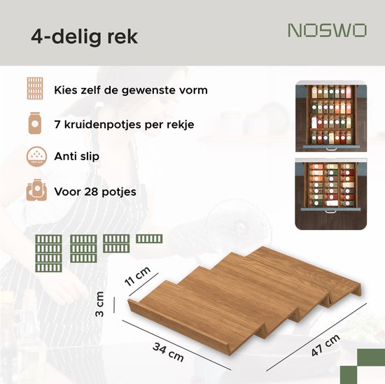 Noswo Gewürzregal Schublade mit 28 Gläsern - Komplettset - Quadratisch - Streudeckel und Etiketten - Gewürzorganisation - Küchenschubladen-Organisation - Akazie