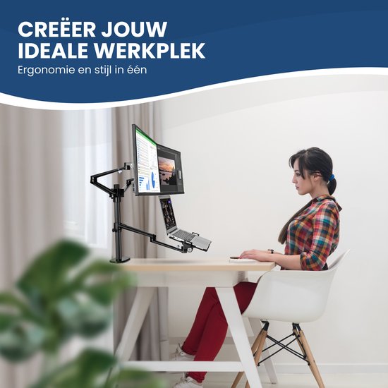 TTD - Monitorarm für 2 Monitore und 1 Laptop - Vollständig drehbar - Höhenverstellbar - Aluminium - Schwarz