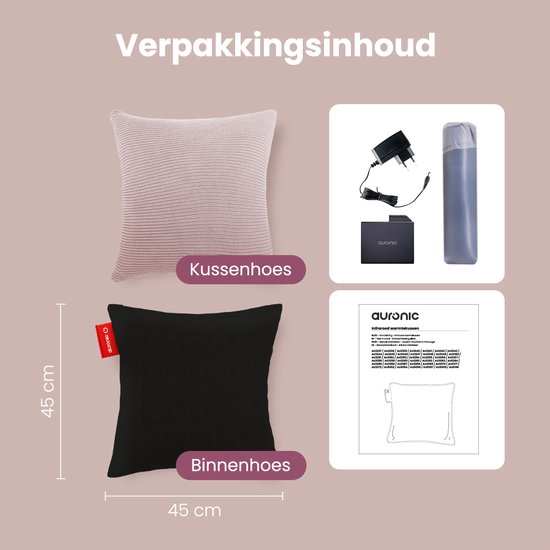 Auronic Heat Pillow - Gestrickt - 45x45 CM - Kabelloses Wärmekissen - Wiederaufladbar - Elektrisches Kissen - Infrarot - Pink