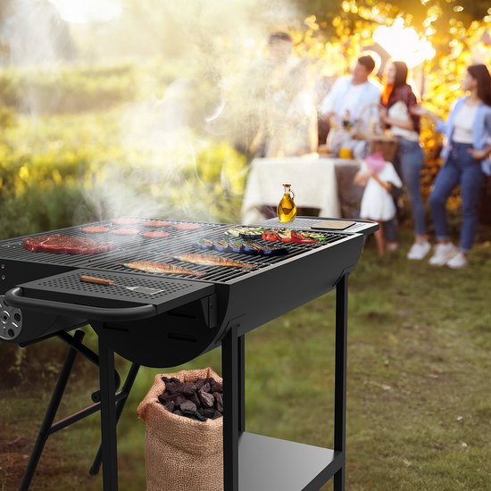 KitchenBrothers 2-in-1 Charcoal BBQ XL - Einstellbare Lüftungsschlitze - Doppel-BBQ - Beistelltische - Grillrost BBQ - Schwarz