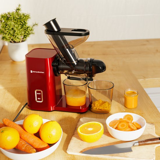 KitchenBrothers Slowjuicer - Mini-Entsafter - Gemüse- und Obstpresse - 40 mm und 50 mm Einfüllöffnung - 400 ml - Rot