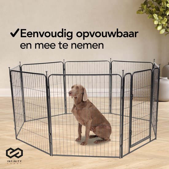 Infinity Goods Hundeauslauf - Welpenauslauf - 8 Paneele - 80 x 80 CM - 640 CM Umfang - faltbar - mit Tür - Stahl - Schwarz