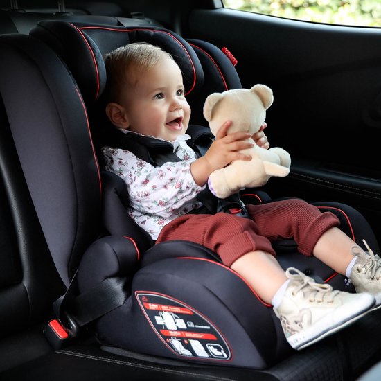Carkids I-Size-Kindersitz Luca – Entspricht der Norm I-Size R-129 – Für Kinder von 76 bis 150 cm – Verstellbare Kopfstütze – Schwarz/Rot