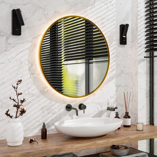 Mirlux Badezimmerspiegel mit LED-Beleuchtung & Heizung - Wandspiegel rund - Anti-Kondensations-Duschspiegel - Goldrahmen - 80CM