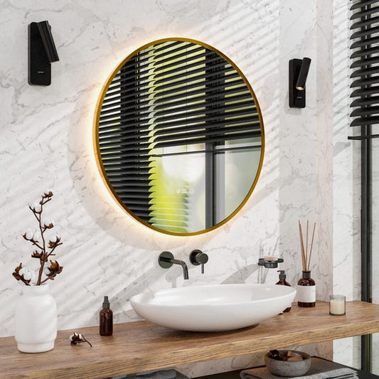 Mirlux Badezimmerspiegel mit LED-Beleuchtung & Heizung - Wandspiegel rund - Anti-Kondensations-Duschspiegel - Goldrahmen - 80CM