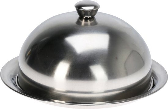 Excellent Houseware Servierschale Glocke mit Tablett - silber - Edelstahl - D25 x H12 cm - Servieren von Speisen - mit Deckel