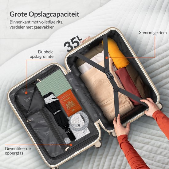 Nohrd Handgepäck Koffer 35 L - Spinner Räder - Trolley Leichtgewicht - Doppeltes TSA Schloss - Reisekoffer - praktische Fronttasche - Elfenbein