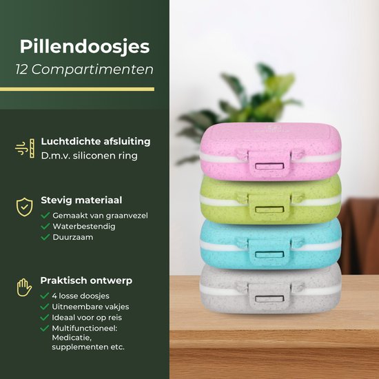 Gandria Pillendose 4er Set - Medikamentenbox mit 3 herausnehmbaren Fächern - Aufbewahrungsbox aus Bio-Grain-Faser - Medikamentenbox wasserdicht - Aufbewahrungsbox für Pillen und Medikamente - Medikamentenbox 12 Fächer