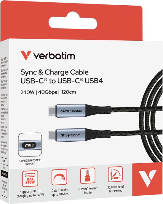 Verbatim Sync & Charge-Kabel USB-C auf USB-C, 40 Gb/s, 240 W, für Smartphones