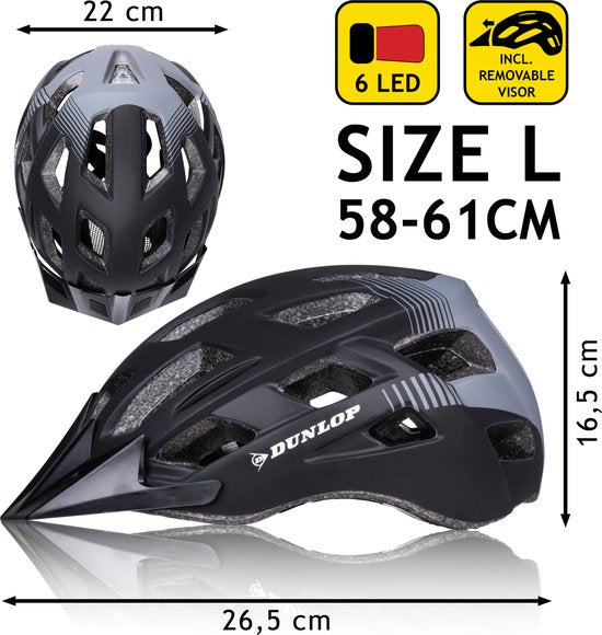 Dunlop Fahrradhelm - Größe L - einstellbar 58-61cm - LED-Beleuchtung - Schwarz