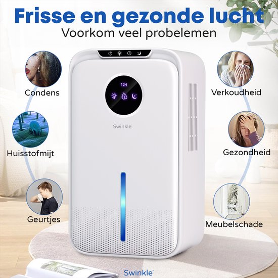 Swinkle Luftentfeuchter - 2.5L - Entfeuchtet bis zu 1L pro Tag - Mit Ionisator & 7-Farben LED - Leise & Energieeffizient - Für Schlafzimmer, Bad & Wohnzimmer - Weiß