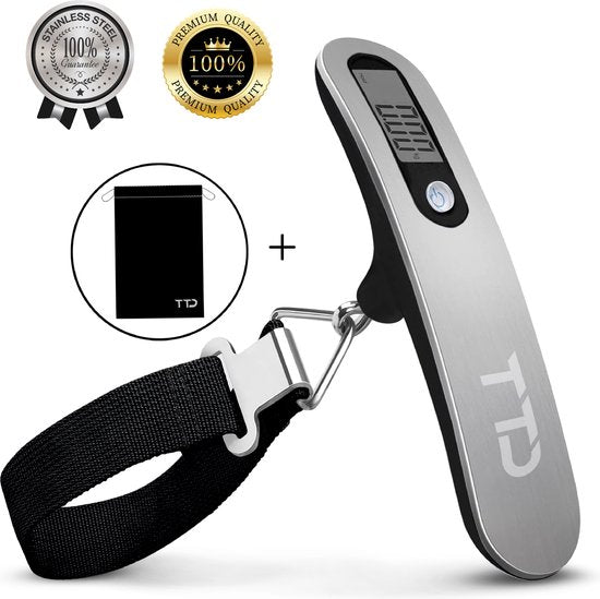 TTD® Gepäckwaage mit Reisetasche- Wägekapazität 50 kg - Gepäckwaage - Hängewaage - Digitale Gepäckwaage - Gepäckwaage - Reisen mit dem Flugzeug - kg/g/lbs/oz - Batterien enthalten - Schwarz