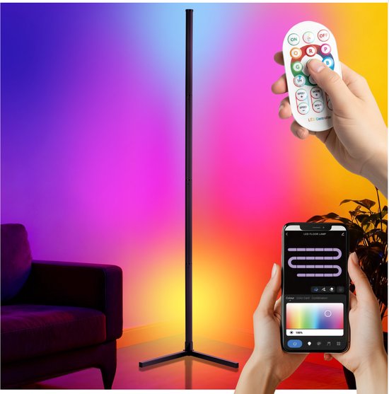 tectake® Smart LED Stehleuchte Spectra - Eckleuchte mit 16 Millionen Farben - 200 Lichteffekte - Smart Stehleuchte - 145 cm - dimmbar - Steuerung per App, Fernbedienung, Knopf und Stimme - Stehleuchte für das Wohnzimmer - Atmosphere Lighting