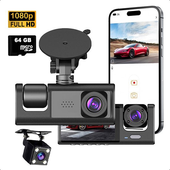 Tech Essentials® Dual Dashcam S1-Wifi für Auto - Mit Rückfahrkamera Universal - Full HD - Mit 64GB Micro SD Karte - Mit Nachtsicht - APP | Vorne und hinten