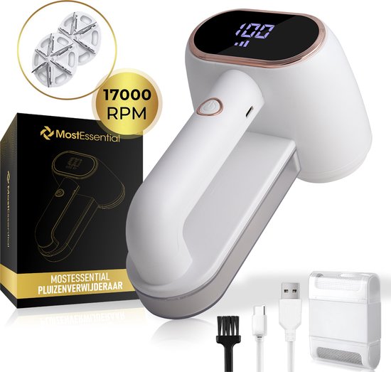 MostEssential Premium Fusselentferner - USB-C Schnellladefunktion - Kabellos - 2000 mAh Akku - 17.000 U/min - Weiß