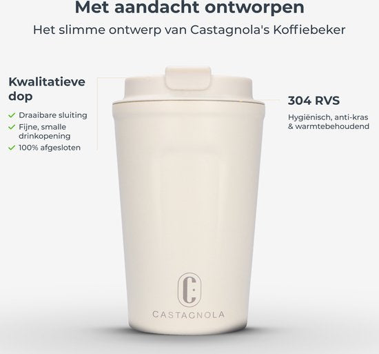 Castagnola Thermos Cup - Kaffeebecher To Go - Reisebecher für Kaffee und Tee - Teebecher - 380 ML - Edelstahl - Offwhite