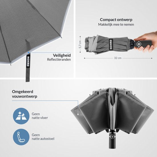 Nohrd Storm Umbrella - Grau - Regenschirm faltbar - Sturmsicher 108 km/h - Sturmschirme - Automatisch ein- und ausklappbar - Reflektierend - Regenschirme - Inklusive Schutzhülle