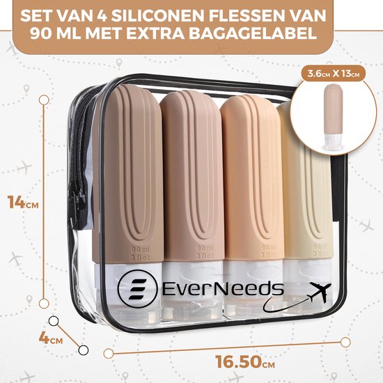 EverNeeds Reiseflaschen mit Etui - Nachfüllbar - Silikon-Reiseflaschen Handgepäck - Creme - 4 Stück