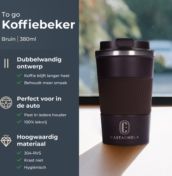 Castagnola Thermos Cup - Kaffeebecher To Go - Reisebecher für Kaffee und Tee - Teebecher - 380 ML - Edelstahl - Braun