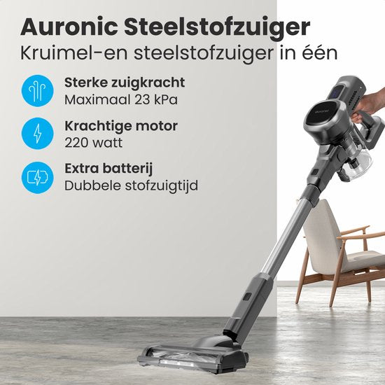 Auronic - Stabstaubsauger kabellos - 220 Watt & 23 kpa Saugleistung - Ausgestattet mit Extra-Akku und waschbarem Hepa-Filter - Bis zu 100 Minuten Betriebszeit - Grauer Kunststoff und Metall