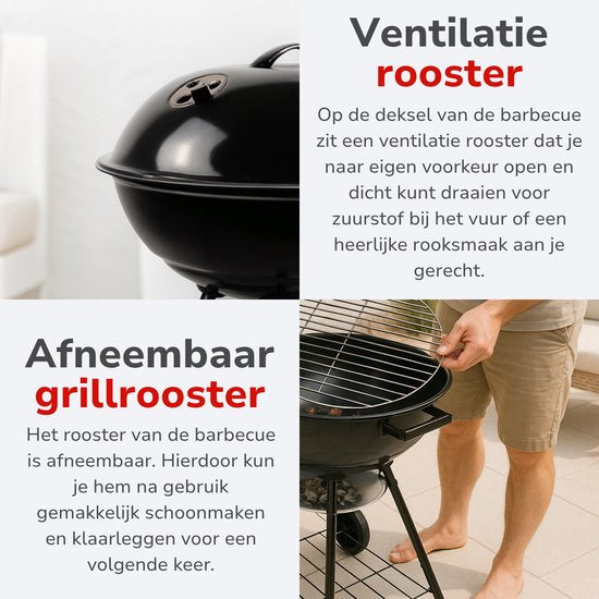 alpina Charcoal BBQ - Kugelgrill Ø43 cm - Grill mit Deckel und Rädern - Integriertes Belüftungssystem - Herausnehmbare Aschenschale - Schwarz
