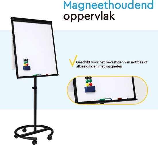 BRASQ Flipchart Mobile Deluxe -70x100 cm - Verstellbares Whiteboard - Inklusive 25 Blatt Papier und Zubehör - mit ausziehbaren Armen - Magnettafel mit Haken - Magnettafel - Schwarz
