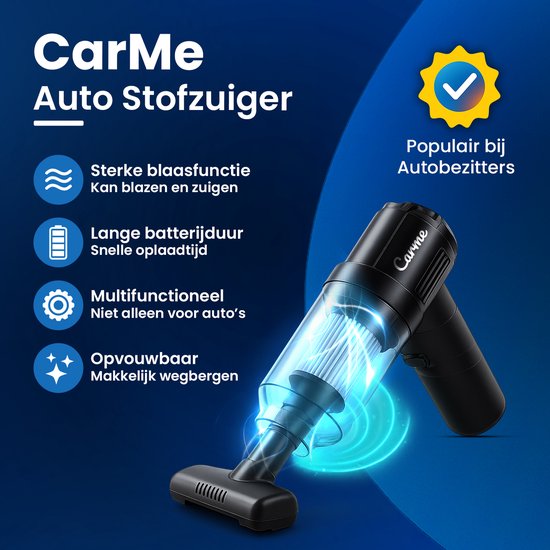 CarMe 2-in-1 Autostaubsauger - Saugen & Blasen - Dustbuster - 7 Aufsätze - Wiederaufladbar - Airduster - Schwarz