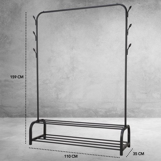 Brixy Kleiderständer - Garderobenständer - 102x34x152cm - Kleiderständer mit Schuhregal - Industriell - Metall - Schwarz