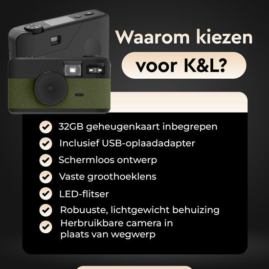 K&L Digitale Retrokamera - Bildschirmlos - Wiederaufladbar - 16.000 Fotos - Fotokamera - Vintage - Inklusive 32GB - Langlebig - Grün