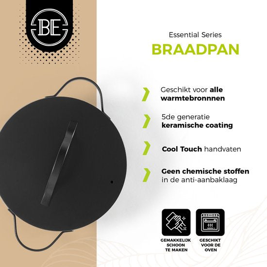 BE Living Essential Kasserolle mit Deckel - Ø 24 cm - Kochtopf - Keramik - PFAS-frei - Induktion - Schwarz