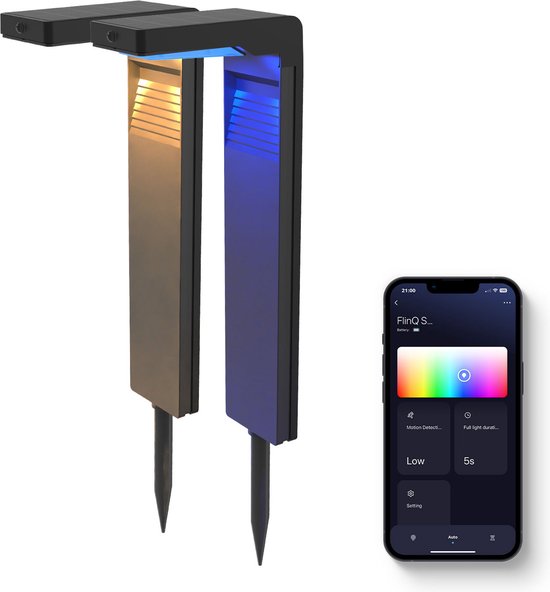 FlinQ Gaia - Intelligente Solar-Gartenleuchte- Solar-Gartenleuchte - Solarenergie - Weißes und farbiges Licht - Bewegungssensor - 2er-Pack - Schwarz