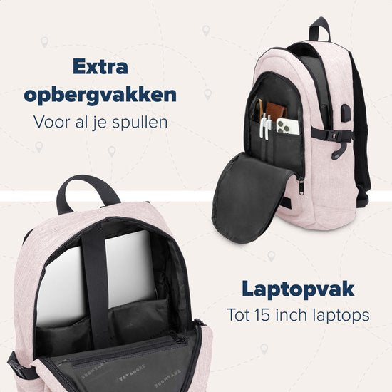 TRVLMORE Rucksack - 25L - 15.6 Zoll - Laptop-Rucksack mit USB - Schultasche - Männer und Frauen - Tasche Pink