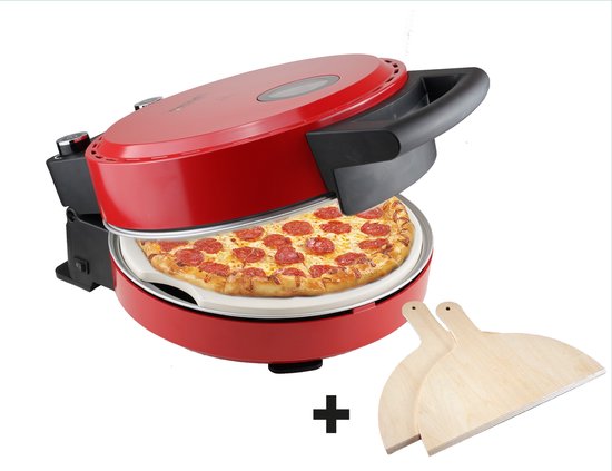 Bestron Turbo-Pizzaofen für Pizzen in 5–10 Minuten, elektrischer Pizzaofen mit einer tatsächlichen Höchsttemperatur von 320 °C, inklusive Pizzastein und 2 großen Holzspateln, Viva Italia, Farbe: Rot