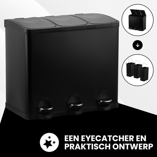 Bayt Mülleimer - Mülleimer 60 Liter - Mülleimer 60 Liter - Treteimer 60 Liter - Mülleimer 3 Fächer - Mülleimer Abfalltrennung - 3x 20 Liter - Edelstahl - Schwarz