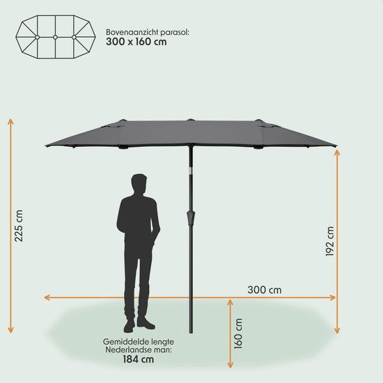 LifeGoods Doppelter Sonnenschirm - Garten - 160x300cm - bis zu 8 Personen - Wasserdicht - UPF50+ - Dunkelgrau