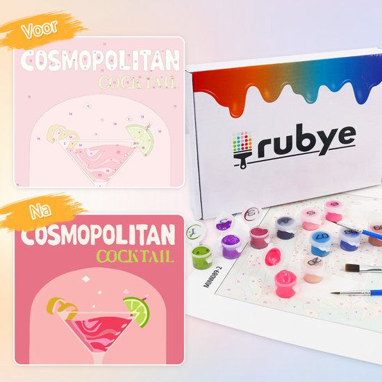 Rubye® Malen nach Zahlen Erwachsene - Gin Tonic - Cocktails - Inklusive Farbe und Pinsel - Leinwand Maltuch - Farbe nach Zahlen - Doppelset - 15x20cm