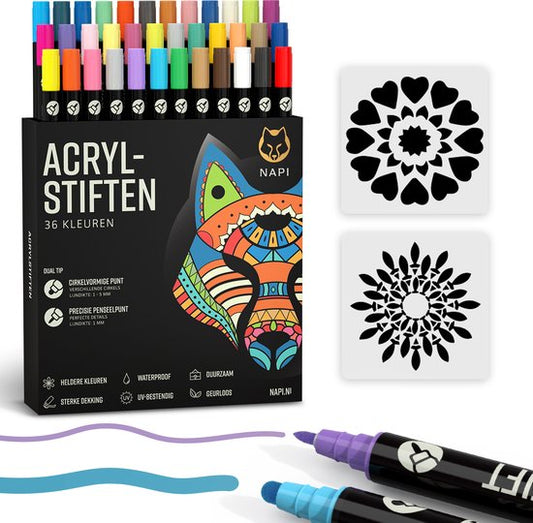 NAPI 36 Acrylmarker Dual Tip - Twinmarker - Malstifte Happy Stones - Steinmalerei mit Acrylmalstiften - Erwachsene und Kinder - Inkl. 2 Mandala-Schablonen