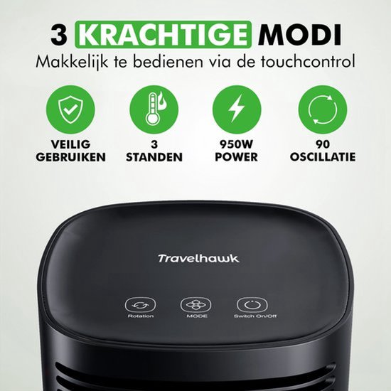 Travelhawk Elektroheizgerät - Keramikheizgerät - 3 Stufen - 950W Heizgerät - Elektroheizgerät mit LED-Anzeige - Rotierend - Schwarz
