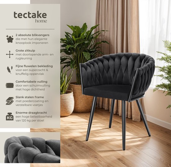 tectake - 2er Set Esszimmerstühle aus Samt - Schalensessel mit Armlehne in Knopfoptik - Esszimmerstuhl - Moderner Esszimmerstuhl für Wohnzimmer und Esszimmer - Küchenstuhl - Frisiertischstuhl - Schlafzimmerstuhl - Verschiedene Farben - Schwarz