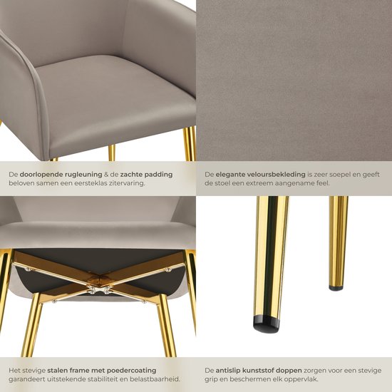 tectake Esszimmerstuhl Avane - Samtoptik - Gepolsterter Stuhl mit ergonomischen Armlehnen - Schlanke Stahlbeine in Gold - Belastbarkeit 120 kg - Komfortabler Ess- und Küchenstuhl - 2er-Set - Taupe