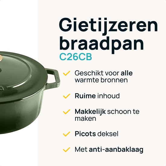 MOA Gusseisen-Kasserolle - 7,2L - Für alle Wärmequellen inkl. Induktion - Mit Deckel - Ø 30cm - Antihaftbeschichtung - Grün