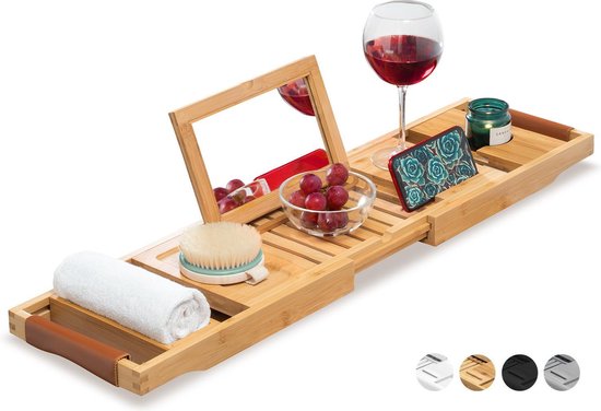 RelaxTub® Badeboard - Badeboard für die Badewanne - Badregal - Verstellbar - Rutschfest - Badeboard Bambus - Badeboard Holz - Badregal mit Buchhalter, Tablet-Halter & Spiegel