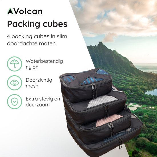 Volcan Packing Cubes - Kofferorganisationsset - 4er Set - Reisewürfel - für Rucksack und Koffer - Schwarz