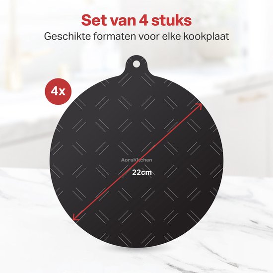 AoraKitchen Induktionsschutz - 4 Stück - bis zu 280°C - Kochplattenschutz - Untersetzer Pfannen - Ø 22cm - Schwarz