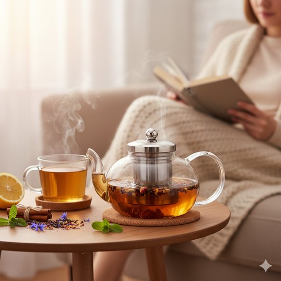 Vaja® Glas-Teekanne mit Edelstahlfilter - 1,4 Liter - Tee-Ei - Für losen Tee / Teeblumen - Weihnachtsgeschenk - Borosilikatglas-Tropfschutz-Ausguss