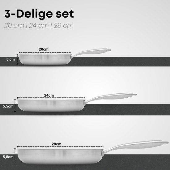 Savoré Kitchen 3-teiliges Bratpfannen-Set aus Edelstahl - Ø 20, 24, 28 cm Pfannen - Induktion - Pfanne - Bratpfannen - Pfannen-Sets - Bratpfannen-Set